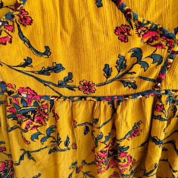 Knox Rose Textured Floral Top Yellow Blue Deep V-Neck Smocked Short Sleeve Sz 2X - Picture 3 of 6